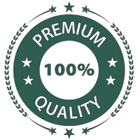 Green and white 'Premium 100% Quality' label with stars and leaves on a white background